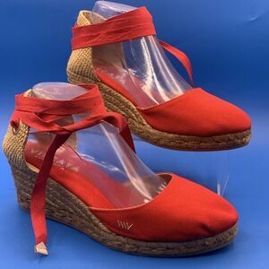 Viscata Women's Red Low Wedge Espadrilles Sandals Ankle Tie Ribbons - Size US 10